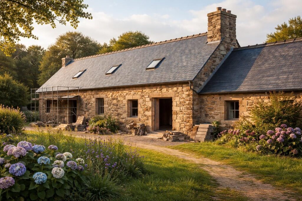 découvrez comment rénover une longère bretonne en utilisant des ardoises naturelles pour la toiture et une cheminée en granit, alliant authenticité et charme traditionnel.